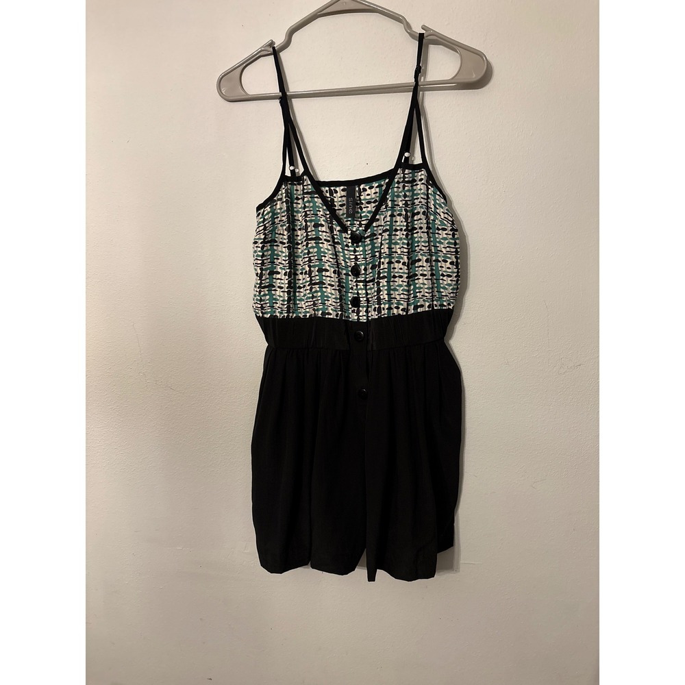 Sine Romper Women Small Black Teal Geometric Button Front Excellent Jumpsuit